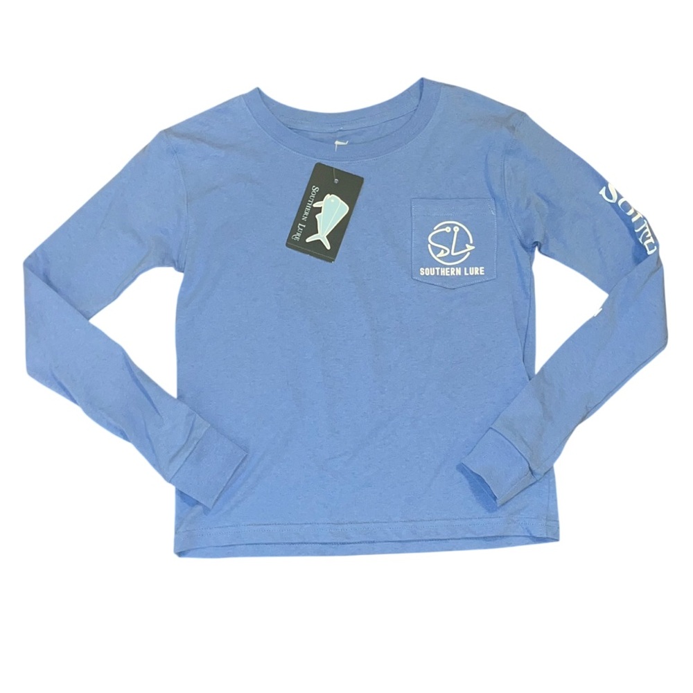 Southern Lure Blue White Long Sleeve Tee Shirt Fishing Small NWT Pocket Graphic